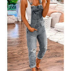 Ripped Pocket Design Denim Suspender Jumpsuit - gray