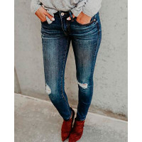 Ripped Skinny Denim Jeans Pencil Pants - dark blue