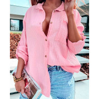 Roll Up Sleeve Buttoned Pocket Design Top - pink