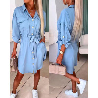 Roll Up Sleeve Buttoned Shirt Dress - blue