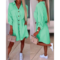 Roll Up Sleeve Buttoned Shirt Dress - green