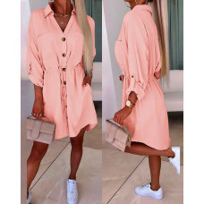 Roll Up Sleeve Buttoned Shirt Dress - pink