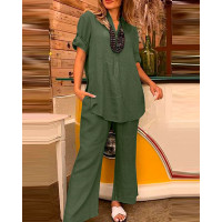 Roll Up Sleeve Buttoned Slit Top & Wide Leg Pants Set - green