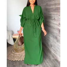 Roll Up Sleeve Drawstring Waist Split Hem Maxi Dress - green