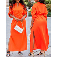 Roll Up Sleeve Drawstring Waist Split Hem Maxi Dress - orange