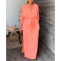 Roll Up Sleeve Drawstring Waist Split Hem Maxi Dress - pink