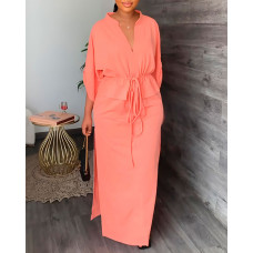 Roll Up Sleeve Drawstring Waist Split Hem Maxi Dress - pink