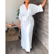 Roll Up Sleeve Drawstring Waist Split Hem Maxi Dress - white