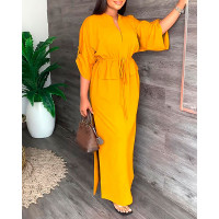 Roll Up Sleeve Drawstring Waist Split Hem Maxi Dress - yellow