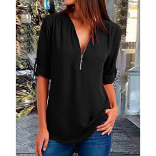 Roll Up Sleeve Zipper Front Top - black