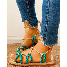 Rope Design Lace-Up Knotted Flat Sandals - green