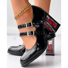 Rose Pattern Buckled Chunky Mary Jane Shoes - black