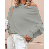 Round Neck Batwing Sleeve Top - light gray