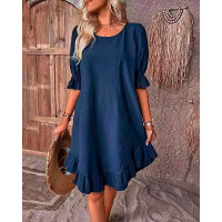 Round Neck Bell Sleeve Ruffle Hem Casual Dress - dark blue