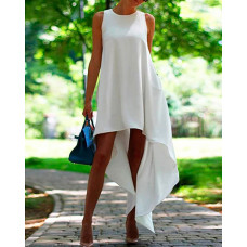 Round Neck Dip Hem Casual Dress - white