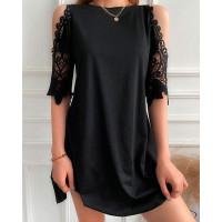 Round Neck Lace Plain Dress - black