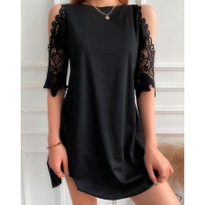 Round Neck Lace Plain Dress - black