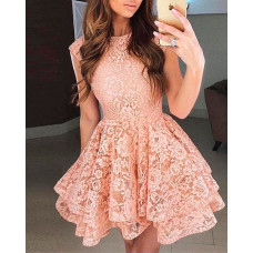 Round Neck Layered Lace Dress - pink