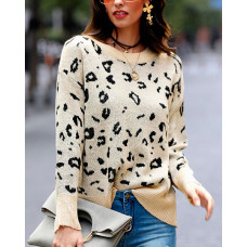 Round Neck Leopard Print Casual Sweater - Leopard