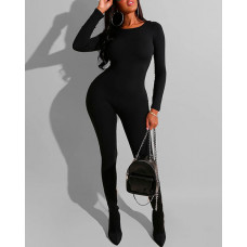 Round Neck Long Sleeve Jumpsuit - black