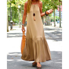 Round Neck Pleated Hem Casual Maxi Dress - khaki