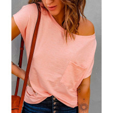 Round Neck Pocket Design T-shirt - pink