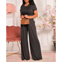 Round Neck Short Sleeve Top & Wide Leg Pants Set - black