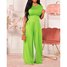 Round Neck Short Sleeve Top & Wide Leg Pants Set - green