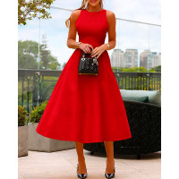 Round Neck Sleeveless Flared Dress - red