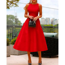 Round Neck Sleeveless Flared Dress - red