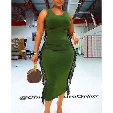 Round Neck Sleeveless Tassel Design Bodycon Dress - Army green