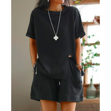 Round Neck Slit Top & Pocket Design Shorts Set - black