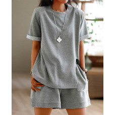 Round Neck Slit Top & Pocket Design Shorts Set - gray