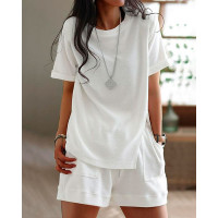 Round Neck Slit Top & Pocket Design Shorts Set - white