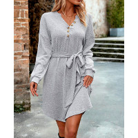 Round Neck Tied Detail Buttoned Casual Dress - gray