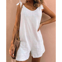 Round Neck Tied Detail Pocket Design Romper - white