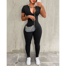 Round Neck Zipper Design Jumpsuit - black