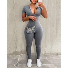 Round Neck Zipper Design Jumpsuit - gray