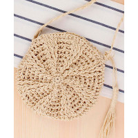 Round Shaped Tassel Braided Straw Bag - beige