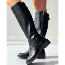 Round Toe Chunky Heel Calf Boots - black