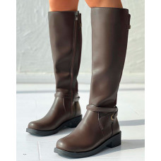 Round Toe Chunky Heel Calf Boots - coffee