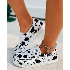 Round-toe Cow Pattern Lace-up Slip-on - black&white