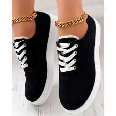 Round Toe Eyelet Lace-up Canvas Sneakers - black