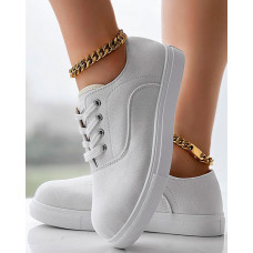 Round Toe Eyelet Lace-up Canvas Sneakers - white