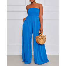 Ruched Bandeau Shirred Wide Leg Jumpsuit - blue