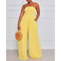 Ruched Bandeau Shirred Wide Leg Jumpsuit - yellow