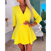 Ruched Buttoned Work Skorts Romper - yellow