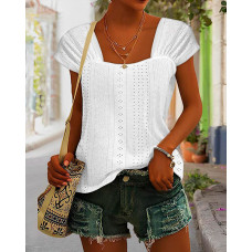 Ruched Cap Sleeve Eyelet Embroidery Top - white