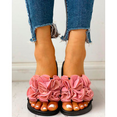 Ruched Flower Embellished Flat Sandals - pink