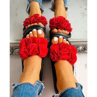 Ruched Flower Embellished Flat Sandals - red